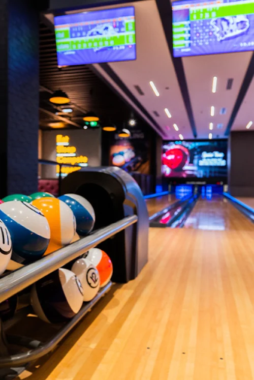 Colourful bowling balls at Yalla Bowling